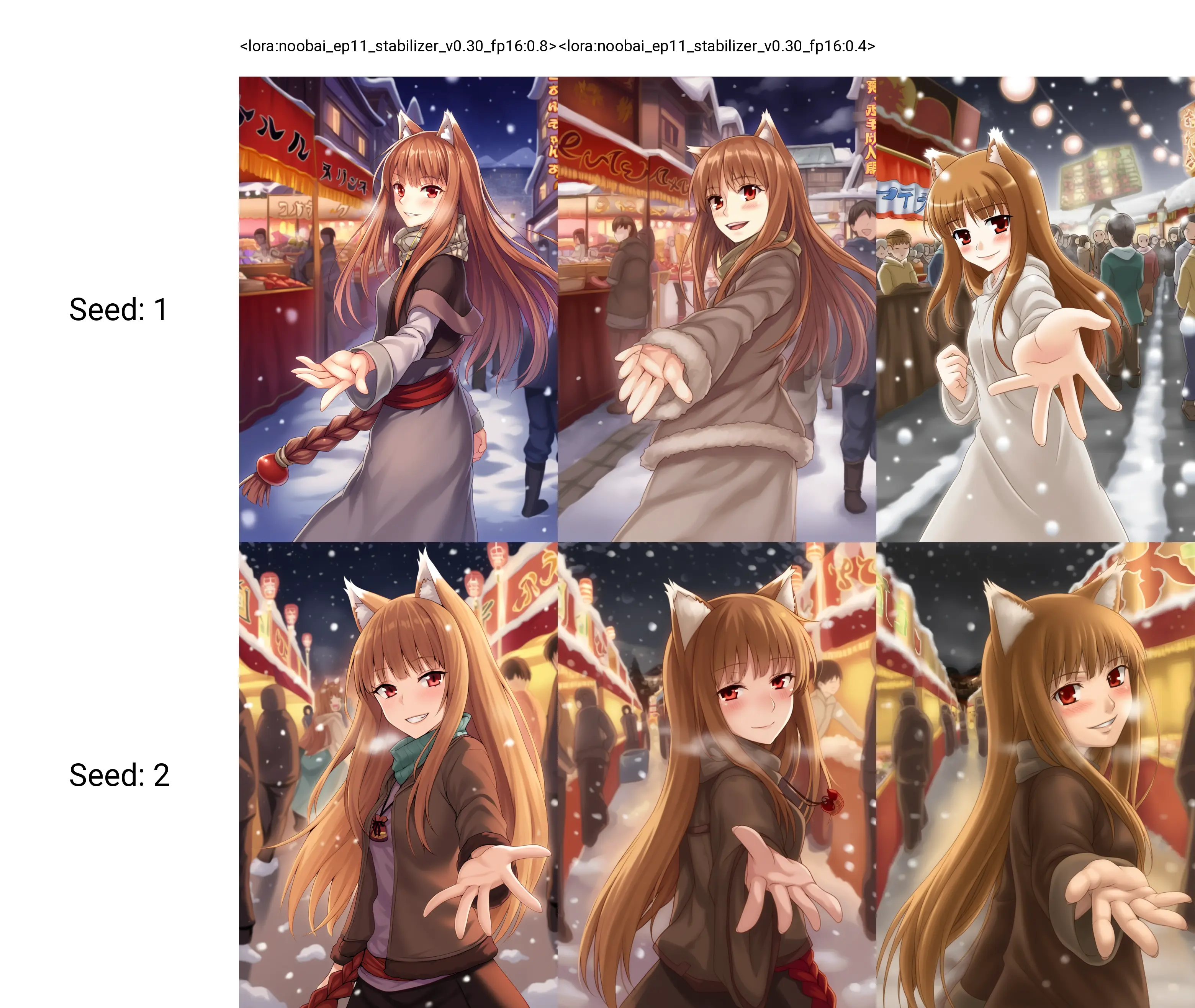 <lora:noobai_ep11_stabilizer_v0.30_fp16:0.8>1girl,holo,spice and wolf,wolf ears,red eyes,smile,blush,from side,reaching towards viewer,outstretched hand,festival,street,people in background,snow,
