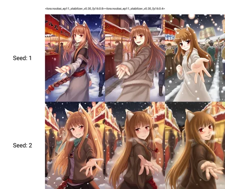 <lora:noobai_ep11_stabilizer_v0.30_fp16:0.8>1girl,holo,spice and wolf,wolf ears,red eyes,smile,blush,from side,reaching towards viewer,outstretched hand,festival,street,people in background,snow,
