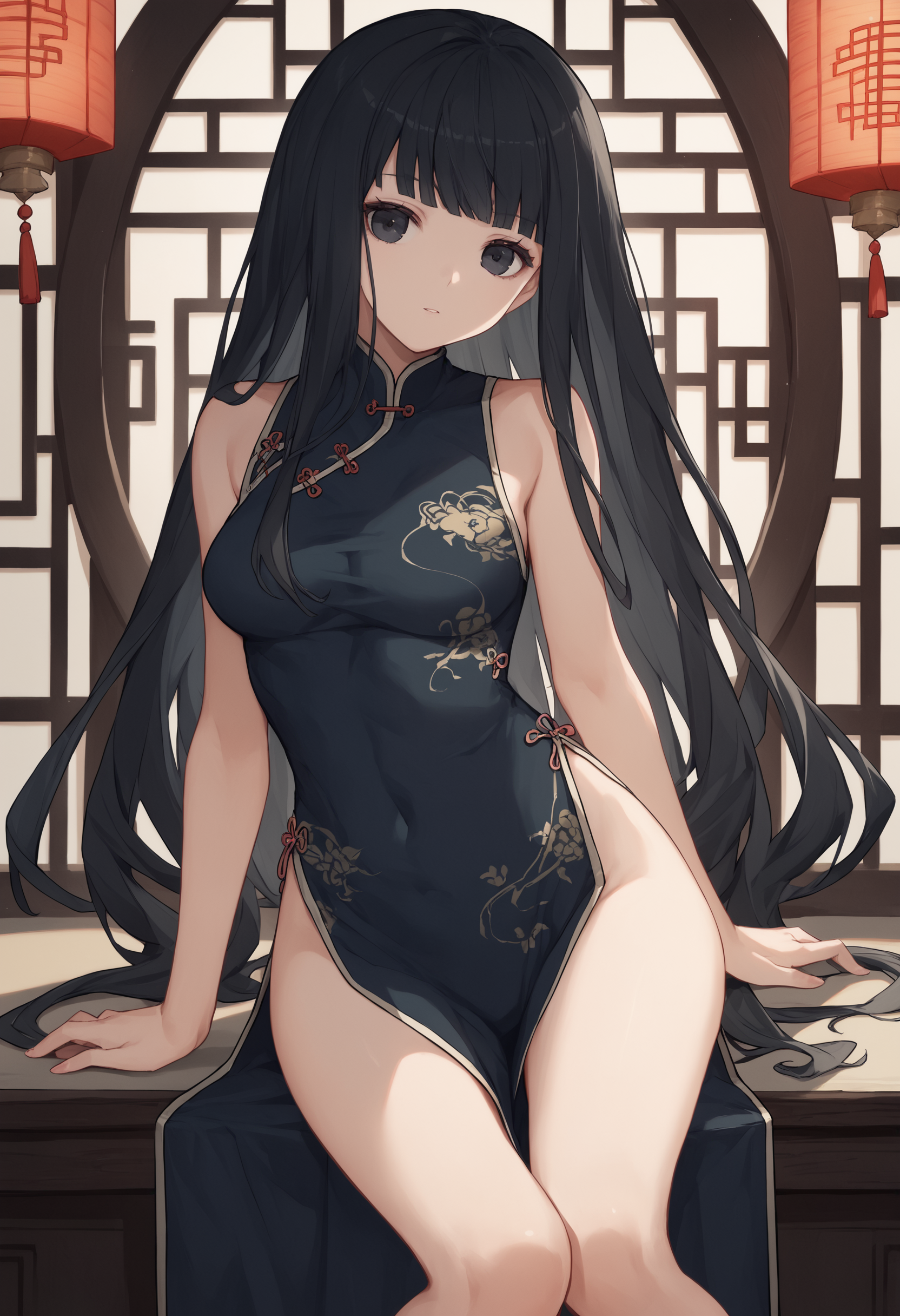 score_9, score_7_up, 1girl, Rinne, black hair, long hair, black eyes,  china dress, looking at viewer,     <lora:Rinne new 2:1>