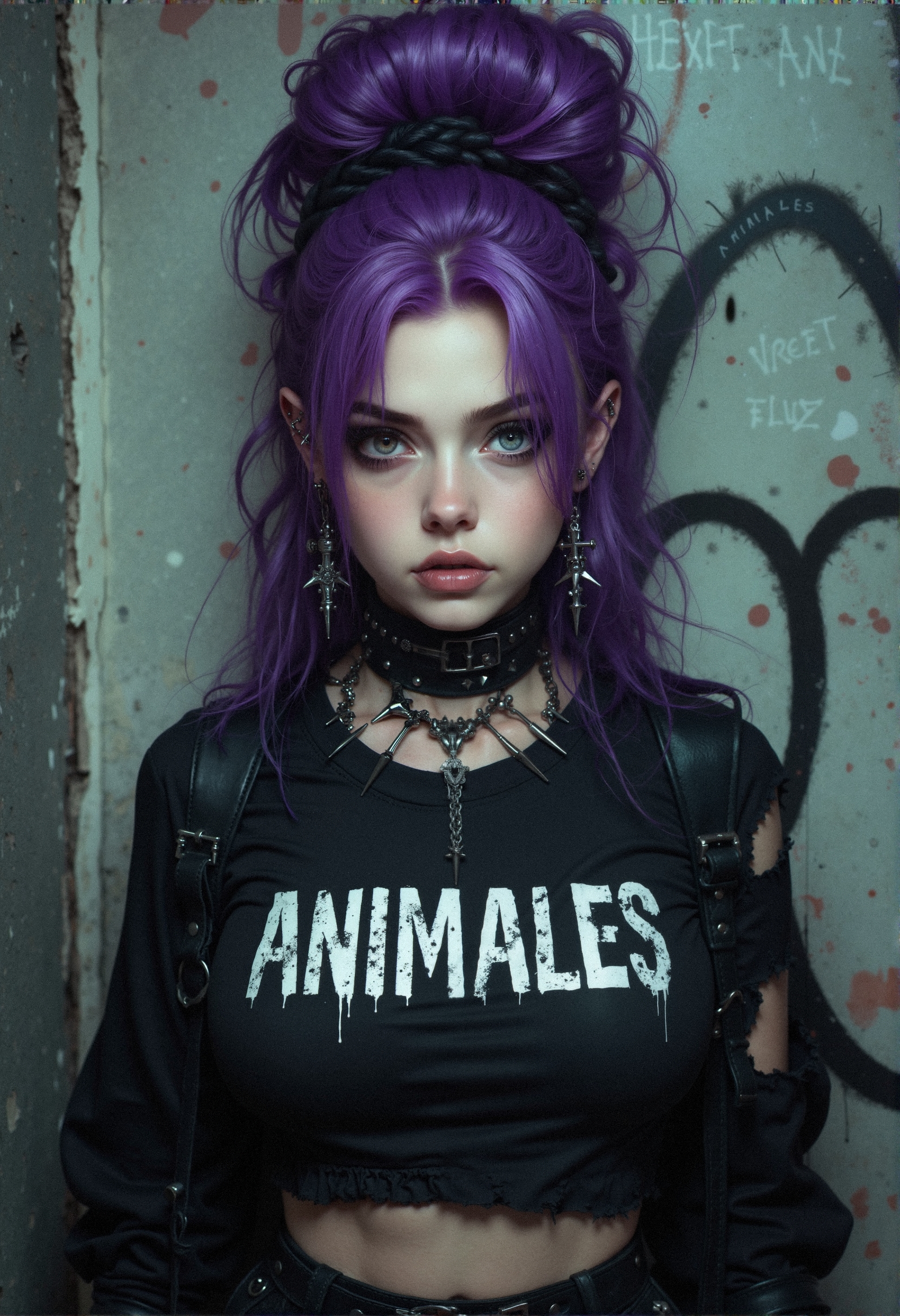 Standing against a backdrop of weathered, graffiti-covered walls, the Gothic Street Queen exudes an aura of dark elegance and untamed spirit. Her hair, a deep shade of violet, is styled in a voluminous updo, with loose strands cascading down to frame her face, their rich color contrasting beautifully with her pale complexion. Her eyes, a hypnotic shade of amethyst, are outlined with heavy, black eyeliner, accentuating their sharp, feline shape. She wears a cropped, black top, the fabric hugging her slender frame, with the word "ANIMALES" printed across the front in bold, distressed letters. The shirt’s sleeves are slightly oversized, with subtle rips and tears adding to the grunge aesthetic. Around her neck, a spiked leather choker gleams, each spike meticulously polished, giving her a look that is both edgy and regal. Her ears are adorned with multiple silver hoops and studs, the metal gleaming against the dark backdrop of her hair. The atmosphere around her is tinged with mystery, as the shadows cast by the dim streetlights play across her face, highlighting the sharp angles of her cheekbones and the soft curve of her lips, painted a deep, matte black. The overall scene is one of quiet intensity, with every detail contributing to her powerful, commanding presence.
 <lora:MoriiMee_Gothic_Niji_Style_FLUX:0.45> <lora:realism_lora_comfy_flux_converted:0.7000000000000001>