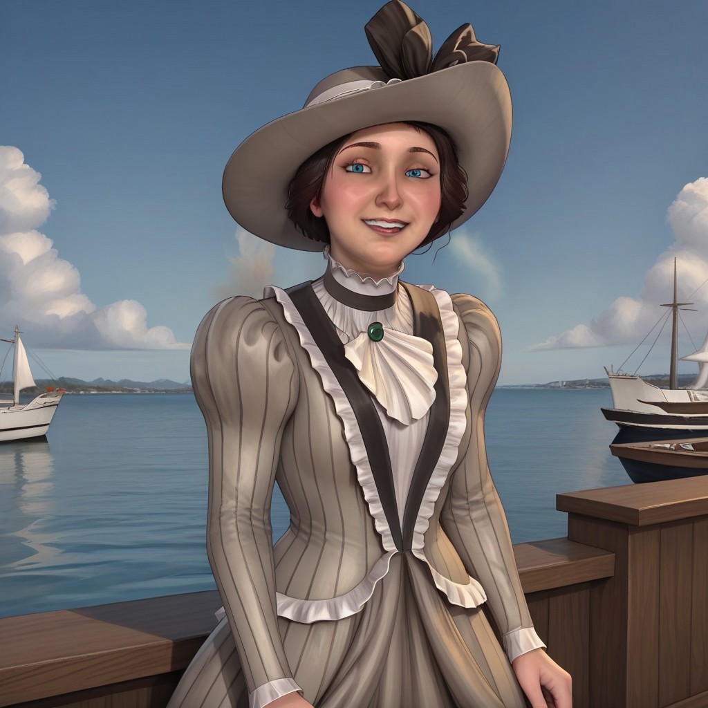 victoria steam, blue eyes, solo, 1girl, standing on the deck of a large steam boat, steam dress, steam hat, eyes open, happy, blue sky with clouds, seagulls in the background