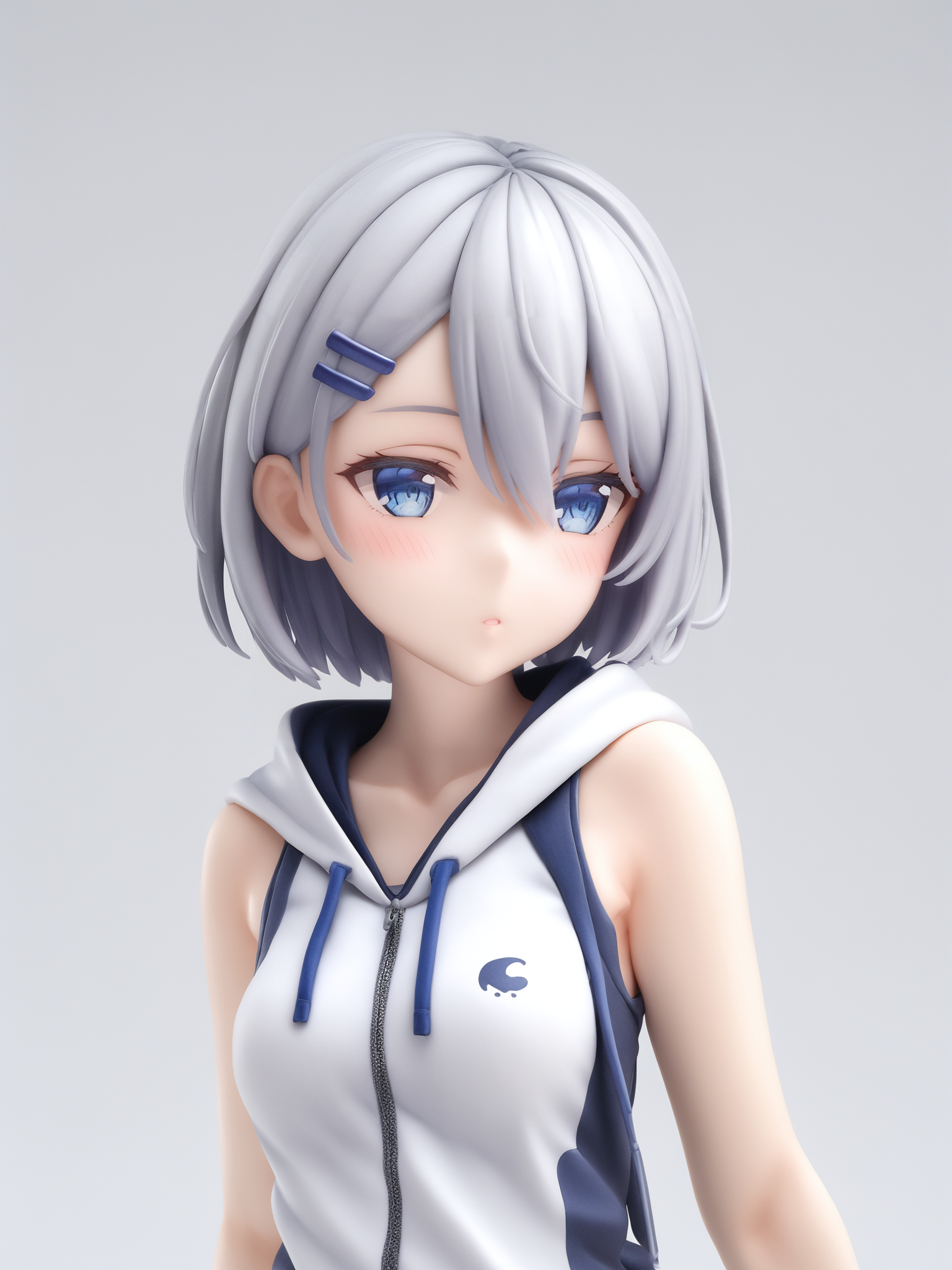 <lora:xl_figure style(kohaku_Delta)4-000005:1>,figure style,photorealistic,photo,1girl,solo,hair ornament,blue eyes,blush,hairclip,hood,white background,simple background,sleeveless,collarbone,bare shoulders,hair between eyes,upper body,parted lips,bangs,hoodie,hood down,looking at viewer,sleeveless hoodie,white hair,hand up,bare arms,silver hair,short hair,eyebrows visible through hair,white hoodie,looking away,sleeveless jacket,, masterpiece,best quality,