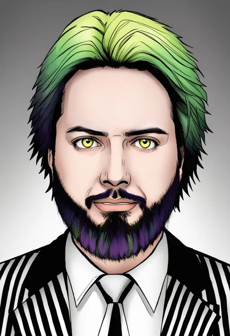 Duskfallcrew Art Style, masterpiece, official art, best quality, Alex Brightman as Beetlejuice, 1boy, male focus, solo, yellow eyes, green hair, ombre hair, beard, mustache, facial hair, black and white striped jacket, black jacket, striped jacket, white shirt, collared shirt, shirt, poltergeist vibes, prison clothes, necktie, upper teeth only, grimace, frustrated look, score_9_up, score_8_up, score_7_up, score_6_up, source_cartoon ,