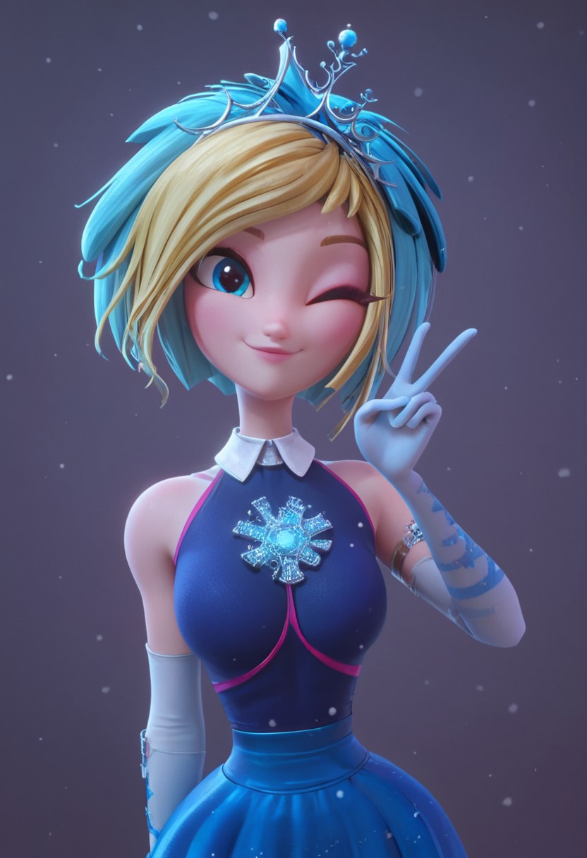 score_9, score_8_up, score_7_up, 1 girls, snezhka, mangamaster artstyle ,  detailed eyes, chocker, hot girl, petite body, defined  chest,  blue eyes,  two-tone blue and blonde hair,  bracelets, thin eyebrows,  cute pose,   wide hips, thicc hips,  pixie haircut, cute smile,  sassy pose, looking up at viewer, happy eyes, closed mouth,  sealed lips, rim lighting,  bedroom eyes, side-view of girl, dynamic pose, Snezhka, blue hair, blonde highlights, blue eyes, cute pose, plad skirt, elbow gloves,  peace signs, white collar, tiara, snowfall, snowflakes, portrait, looking at viewer, winking, one eye closed
