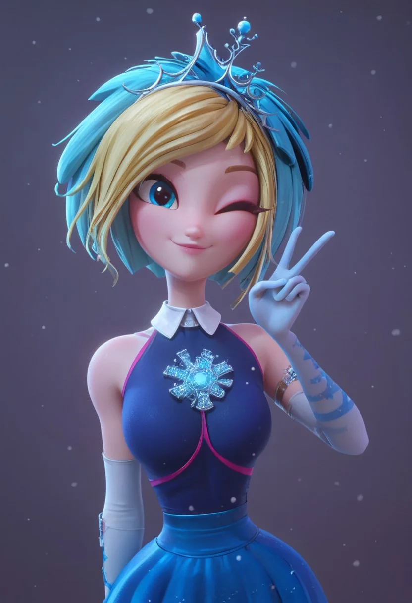score_9, score_8_up, score_7_up, 1 girls, snezhka, mangamaster artstyle ,  detailed eyes, chocker, hot girl, petite body, defined  chest,  blue eyes,  two-tone blue and blonde hair,  bracelets, thin eyebrows,  cute pose,   wide hips, thicc hips,  pixie haircut, cute smile,  sassy pose, looking up at viewer, happy eyes, closed mouth,  sealed lips, rim lighting,  bedroom eyes, side-view of girl, dynamic pose, Snezhka, blue hair, blonde highlights, blue eyes, cute pose, plad skirt, elbow gloves,  peace signs, white collar, tiara, snowfall, snowflakes, portrait, looking at viewer, winking, one eye closed
