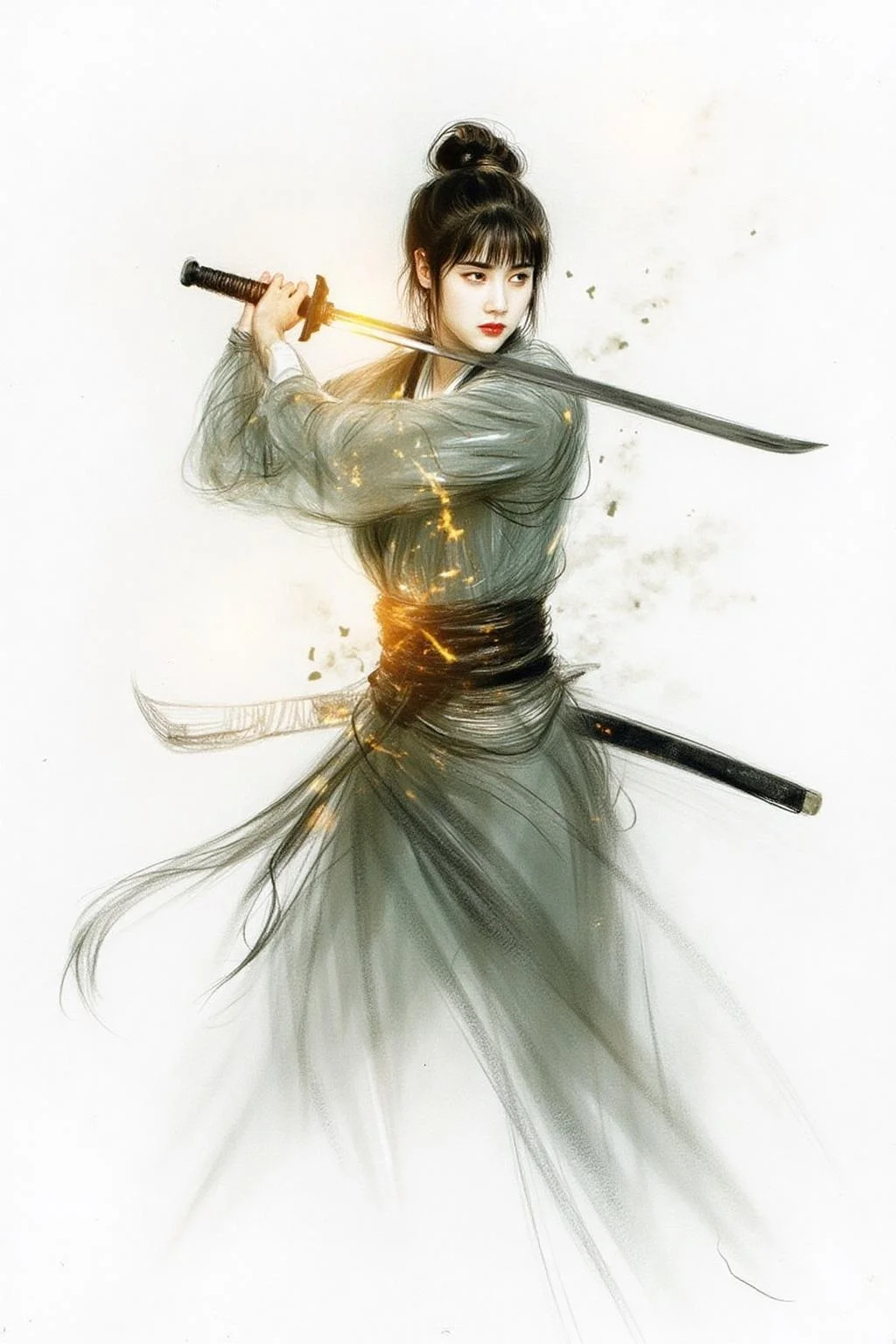 paulcesarhelleu1 illustration.
A female Japanese samurai warrior wielding a katana, blending form with reality. Glitching the surreal with blurred dreams on a white background. Woven light fuses delicatly with whispering shimmers creating a eyecatching and masterpiece artwork. drifting fog, cracked light and smokey haze in floating threads finishes the dreamlike reality. The background is stark white.
<lora:paulcesarhelleu1_cap_d6a3e11:1.0><lora:844408300301767857:0>