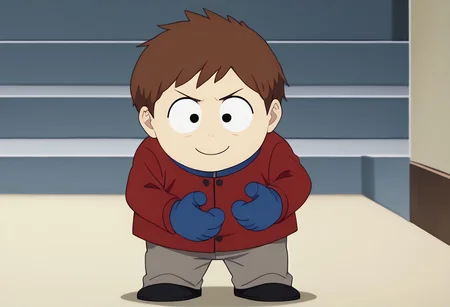 score_9, score_8_up, score_7_up BREAK ClydeSP, 1boy, short brown hair, black eyes, long-sleeved buttoned red shirt, blue collar, gray pants, black shoes, blue mittens, screenshot, official art, parody, anime footage, official design, screencap, anime screenshot, official screenshot, 2d, anime, source_anime, full body, solo, solo focus, smiling, relaxed,
