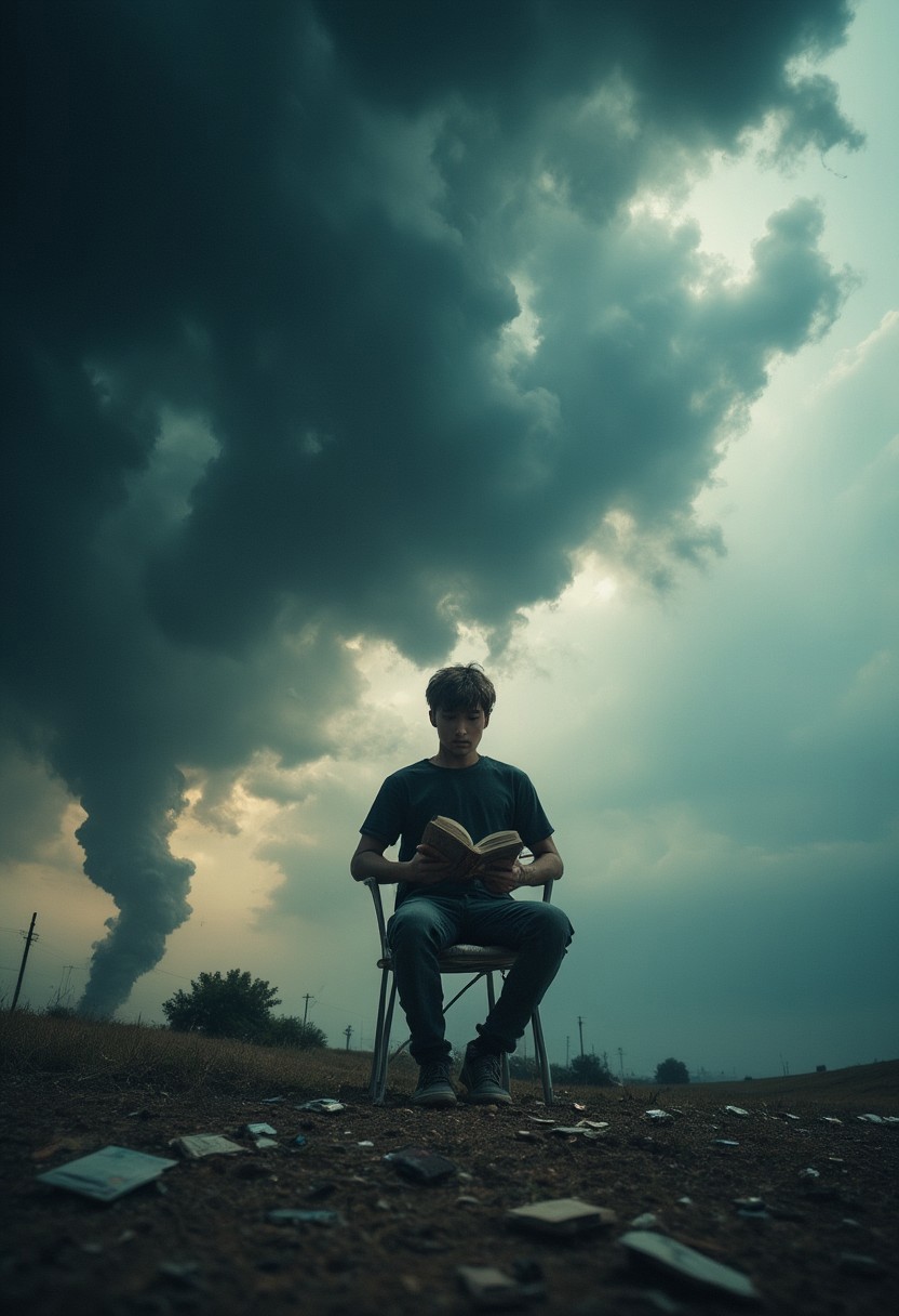A young man, Marcos, sits in a small chair outdoors, holding an open book in his hands. Around him, a raging storm unfolds. Dark clouds swirl violently in the sky, illuminated by sharp flashes of lightning. Wind rips through the air, pulling the pages of his book and sending objects—clocks, phones, papers—flying in all directions. Despite the chaos, Marcos appears detached, floating slightly above the ground as if suspended in a void. His body is present but seems weightless, distant from the storm. His gaze is fixed on the book, but the words on the pages blur, dissolving into nothing. The surrounding world feels both chaotic and distant, like a scene unfolding in slow motion that he can only observe from afar, disconnected from it all.