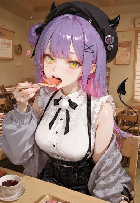 masterpiece, best quality, hyper-realistic, ultra-HD, luminous lighting, cinematic ambiance, shimmering gradients, ethereal glow, deep contrast, rich color tones, seductive atmosphere, captivating sensuality, Cinematic Lighting, raytracing, volumetric lighting, ambient occlusion, very awa, absurdres, amazing quality, ultra-detailed,8K,illustration,CG,
BREAK
shiny hair, clear skin, ultra-detailed-eyes, simple background, cute girl, eyelashes, slender, large breasts, (mature female), slim body, long lushes, long legs, flat stomach, matte skin, usnr, SagawaStyle,
BREAK
white shirt, frilled shirt, sleeveless shirt, black skirt, suspenders, black belt, pom pom, grey cardigan, black ribbons, black beret, fake horns, x hair ornament, thigh tattoo, heart o-ring thigh strap, cross earrings, single side bun, long hair, purple hair, multicolored hair, green eyes, demon tail, tail piercing,
BREAK
nigirizushi, food, japanese restaurant, counter, showcase, omakase, sushi plate, holding chopsticks, eating nigirizushi, eat with chopsticks, indoors, chair, window, japanese restaurant, counter, showcase, omakase, sushi plate, wooden plate, calendar (object), soy sauce, saucer, teacup, misosoup, upper body,