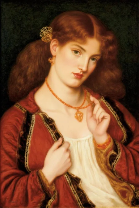 dgr painting.
A woman with long, curly auburn hair adorned with a decorative, intricate hairpin on the left side. Her hair cascades down her shoulders in loose waves. She wears a rich, deep red velvet garment with intricate gold embroidery along the edges, which is draped over a white, simple blouse.
 <lora:dgr1_cap_d6a3e8:1.0><lora:819490076871419364:0>