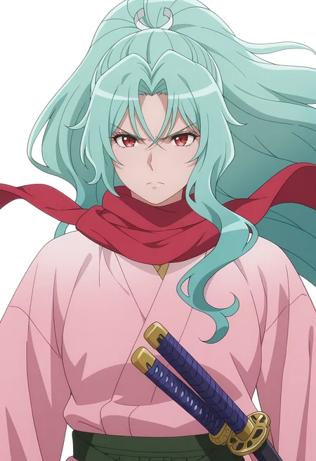 Smooth Quality,masterpiece, ultra realistic,
simple background, white background,
front view,angry,wind,
<lora:Tomoecnn:0.8> sofia/cnn, 1girl, long hair, scarf, ponytail, red eyes, japanese clothes, katana, green hair, very long hair,
