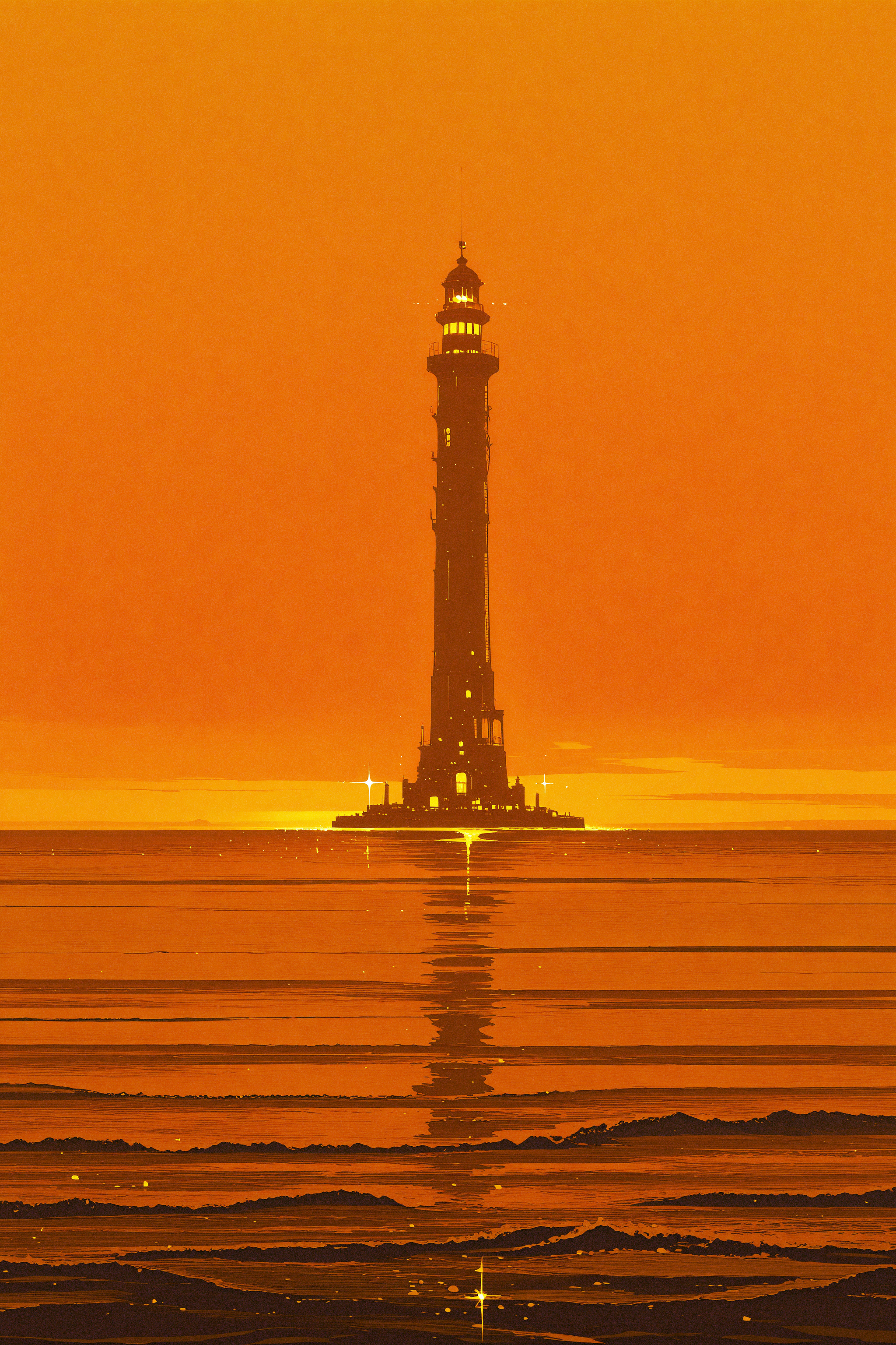 masterpiece, best quality, good quality, very awa, newest, highres, absurdres, outdoors, sky, water, sparkle, no humans, ocean, scenery, tower, yellow theme, orange sky, orange theme, lighthouse, limited palette, h4ra_illu <lora:illustriousXL_stabilizer_v1.23:0.3> <lora:NOOB_vp1_detailer_by_volnovik_v1:0.3> <lora:ponyv6_noobE11_2_adamW-000017:0.3> <lora:114558v4df2fsdf5:0.6> <lora:XXX667:0.4> <lora:mon_monmon2133:0.5> <lora:hara_id_21:0.6>