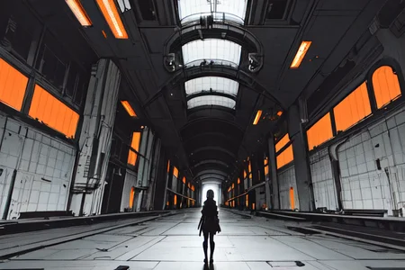 highly insanely detailed, masterpiece, top quality, best quality, highres, 4k, 8k, RAW photo, (very aesthetic, beautiful and aesthetic),
tsutomu nihei,nihei_tsutomu,blame!,blame gakuen!,abara,TNstyle,sidonia_no_kishi,(sidonia \(ship\),space,spacecraft,deep horizon,stairs,tunnel,mausoleum,giant room,megastructure in background,lab,hangar),vast scenery,perspective,dystopia,destroyed,no human,empty,flock,
<lora:blameLora_v10:0.6>,
(1girl:1.3),
solo focus,
(pure orange background,transparent background:1.2),âââ