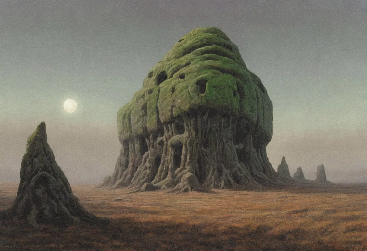 Under the pallid light of a gibbous moon, the ancient forest stood deathly silent, its gnarled trees twisted into grotesque shapes that seemed to writhe in the shadows. The air was thick with a cloying mist that carried the faintest scent of decay, a whisper of something long forgotten and best left undisturbed.
At the heart of this eldritch wilderness, a cyclopean ruin loomed, its basalt stones slick with an unnatural slime that glowed faintly with a sickly green hue. The structure defied comprehension, its non-Euclidean geometry warping the mind and inducing a vertiginous nausea in those who dared to look upon it too closely.
(stone:1.4),machine,(golem:1.2),eldritch