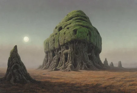 Under the pallid light of a gibbous moon, the ancient forest stood deathly silent, its gnarled trees twisted into grotesque shapes that seemed to writhe in the shadows. The air was thick with a cloying mist that carried the faintest scent of decay, a whisper of something long forgotten and best left undisturbed.
At the heart of this eldritch wilderness, a cyclopean ruin loomed, its basalt stones slick with an unnatural slime that glowed faintly with a sickly green hue. The structure defied comprehension, its non-Euclidean geometry warping the mind and inducing a vertiginous nausea in those who dared to look upon it too closely.
(stone:1.4),machine,(golem:1.2),eldritch