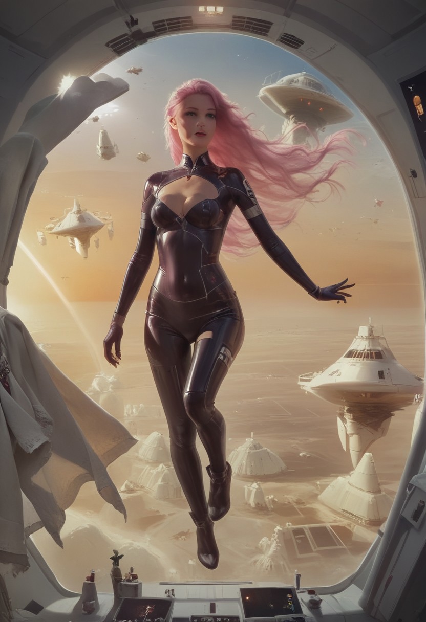 score_9, score_8_up, score_7_up, interior photo of a stunning space babe standing inside a big spaceship, detailed face,(very long pink hair floating all around her:1.5), cleavage, skintight latex space suit, masterpiece, indoors, space, alien landspace, desert, spaceships flying, emergency lighting, warm lights, by loish, ((masterpiece)), body floating in low gravity