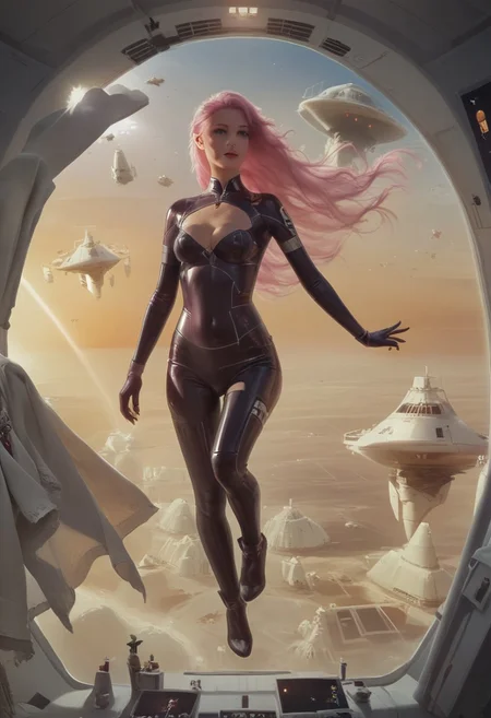 score_9, score_8_up, score_7_up, interior photo of a stunning space babe standing inside a big spaceship, detailed face,(very long pink hair floating all around her:1.5), cleavage, skintight latex space suit, masterpiece, indoors, space, alien landspace, desert, spaceships flying, emergency lighting, warm lights, by loish, ((masterpiece)), body floating in low gravity