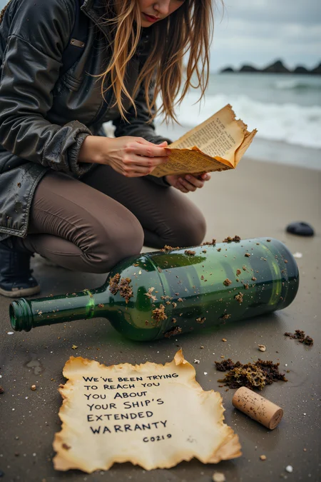 A woman kneels on a beach reading a letter on an old yellowish paper. An old uncorcked wet green bottle lies horizontally next to her. The bottle is covered in some seaweed. Next to the bottle is a small old cork. The letter reads "WE'VE BEEN TRYING TO REACH YOU ABOUT YOUR SHIP'S EXTENDED WARRANTY"<lora:FluxMythR3alisticF:0.4><lora:midjourney_whisper_flux_lora_v01:0.4><lora:aidmaMJ6.1-FLUX-V0.1:0.4><lora:Movie_Portrait:0.4><lora:Flux DetailerV2:0.4>