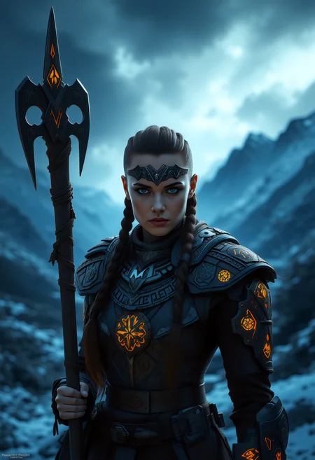 A captivating image emerges, focusing on a viking_punk warrior-princess with her presence commanding attention in the icy wasteland. Her futuristic viking armor based on traditional viking armor, a seamless fusion of technology and her athletic form, slim-athletic form highlights her strength and agility. The warrior's twin braids with shaved sides, frames her determined expression, while her piercing eyes bore into the viewer. Ancient runes are etched into her battleaxe and armor, crackling with mystical glowing energy. The frozen landscape, a testament to her people's resilience, stretches into the distance, where dark, ominous clouds partially veil the rugged mountainous pass, filling the air with crispness and the promise of lightning. This artwork, with its Nordic and Viking-inspired elements, captures the essence of a powerful futuristic figure, seamlessly blending ancient traditions with futuristic innovations. Beauty, chiaroscuro, play of shadow and light, realistic, <lora:art and styles/MysticFantasy.safetensors:1.0>, <lora:artist/style_of_H._R._Giger_FLUX_295-000006.safetensors:1.0>, style of H. R. Giger, <lora:wlop:0.8>, wlop, <lora:flux_trainer/fluxPunk_v11>