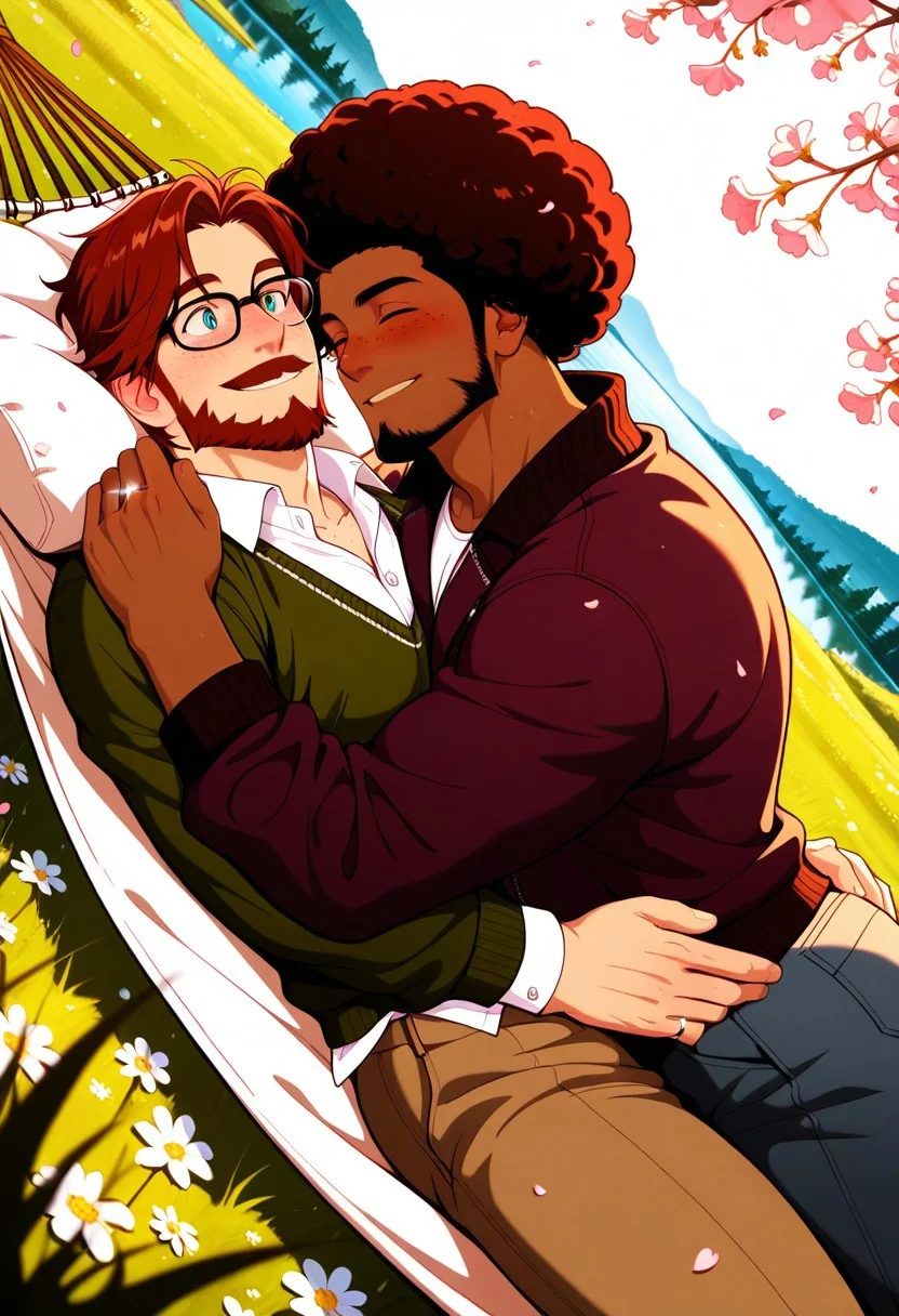 ((Expressiveh) (fcHeatPortrait) (spring background, lake, outside, , clear skies, daytime) (masterpiece, best quality, cinematic lighting, depth of field, best shadows, detailed textures), (dutch angle)
(2boys), afro, dark red hair, dark red facial hair, long goatee, mustache, napping, closed eyes,smile, blanket, button up undershirt, brown eyes, , in love, green eyes, yaoi, gay, bara, jacket, breathing, blushing, wedding ring,l, button up shirt, looking at each other, interracial, head tilt, cuddling, happy, affectionate gesture, laying on hammock,, engagement ring, fair skin, , athletic, , sweater, freckles, glasses, pants, Romantic, Spring, in private, ,brown hair, beard, blue eyes, glasses, size difference, laying on grass, mansion in distance,