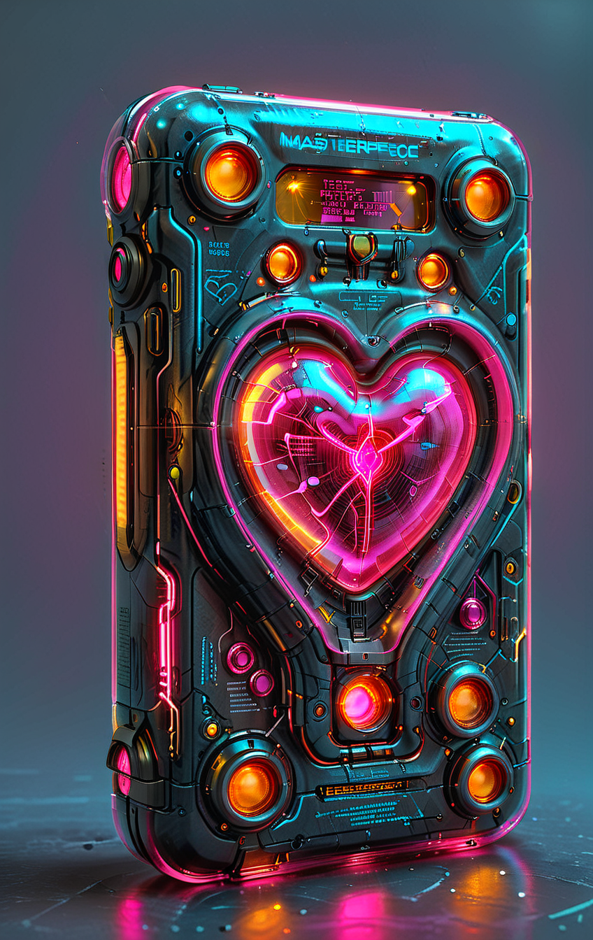 clear image, accurate picture, clear picture, precise image, focused image, Science fiction style, Science fiction, (carbon texture:2), pink glowing neon, neon hearts, neon heart aura,
(in ARTIST style:1.4), (masterpiece:1.8), (Frontal View:2)
(Frontal View of device (science fiction texture, science fiction skin, someplastic, no humans, english text, simple background, grey background, retro, old style, old phone, device, wearable item), glowing neon, gray paint),
pink glowing neon elements, pink glowing neon heart,
(masterpiece:1.8), (highest detailed:1.8),
(angle:1.8), perfectly lighted, (contrast), (saturated), (((sharp focus))), (hyperdetailed:1.3), (intricate details:1.2), (Refined details:1.3), (best quality:1.5), highly detailed textures,
vibrant colors, <lora:add-detail-xl:0.7> (ultra sharp focus:1.8), (detailed skin:1.8), (detailed windows:1.8), (thin lines:1.8), (best quality:1.8),
<lora:Apparatus_-_Traction_City_Walkers_Vehicles:0.7>, <lora:Someplastic_V2:0.8>,
<lora:glowneon_xl_v1:0.7>