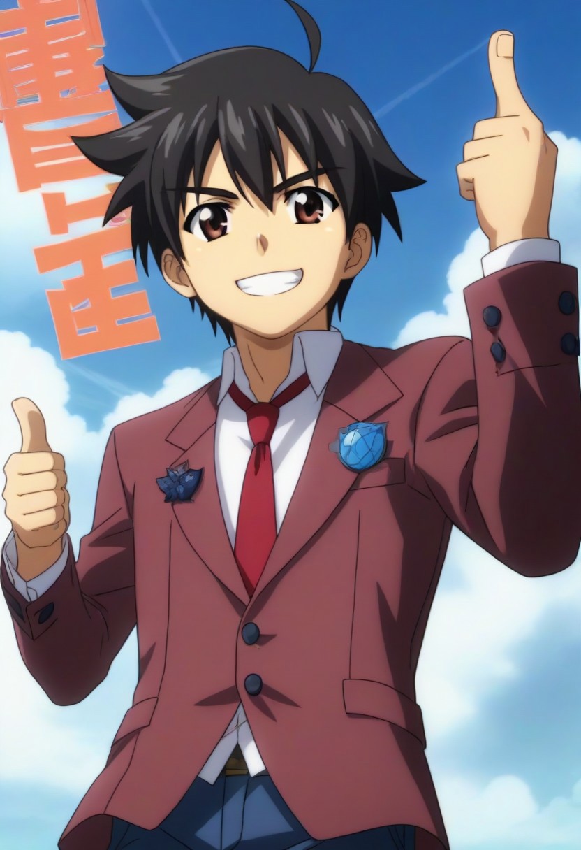 ((masterpiece)), ((best quality)), ((ultra-detailed)), ((absurdres)), score_9_up, score_8_up, score_7_up,
HD, top quality, best quality, amazing quality, High-quality illustrations, anime screencap, source_anime, best aesthetic, perfect proportions, perfect eyes, 1boy, 1male, solo boy, solo male, male focus, solo male focus, Anime, boy, male anime character, anime boy, handsome, cute, charming, Tomoki Sakurai, black hair, ahoge, brown eyes, ((short body, short height)), ((small body, cute body, short body)), ((maroon blazer, closed blazer)), long sleeves, red necktie, gray-blue pants, ((heavenly sky, blue sky, white clouds)), ((happy, smirk)), ((thumbs up gesture, 👍 gesture)), easynegative, updn, Expressiveh, masterpiece, best quality, very aesthetic, absurdres