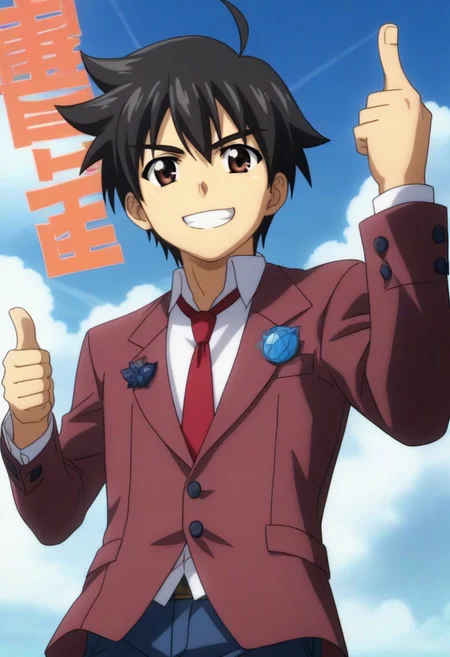((masterpiece)), ((best quality)), ((ultra-detailed)), ((absurdres)), score_9_up, score_8_up, score_7_up,
HD, top quality, best quality, amazing quality, High-quality illustrations, anime screencap, source_anime, best aesthetic, perfect proportions, perfect eyes, 1boy, 1male, solo boy, solo male, male focus, solo male focus, Anime, boy, male anime character, anime boy, handsome, cute, charming, Tomoki Sakurai, black hair, ahoge, brown eyes, ((short body, short height)), ((small body, cute body, short body)), ((maroon blazer, closed blazer)), long sleeves, red necktie, gray-blue pants, ((heavenly sky, blue sky, white clouds)), ((happy, smirk)), ((thumbs up gesture, 👍 gesture)), easynegative, updn, Expressiveh, masterpiece, best quality, very aesthetic, absurdres