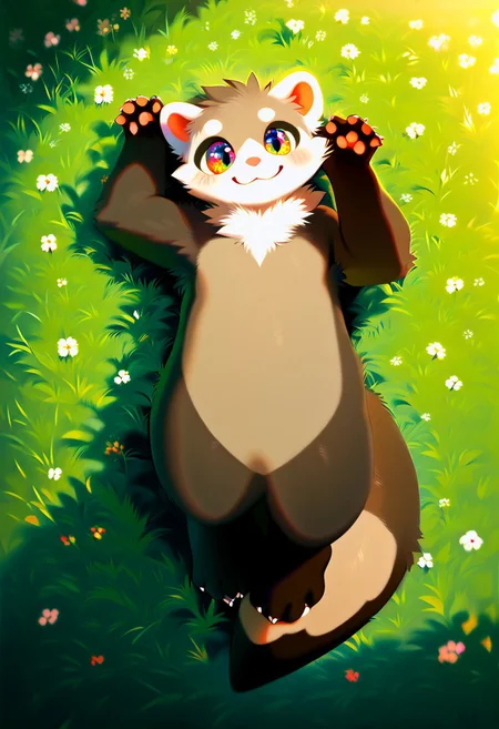 zuppu11, full body, solo, furry, score_9, score_8_up, look at viewer, male focus, raibow eyes, rainbow eyes, no humans, fractal iris, furry male, ferret lying on grass, happy, smile, flux-style, detailed eyes, blushing, zPDXL3