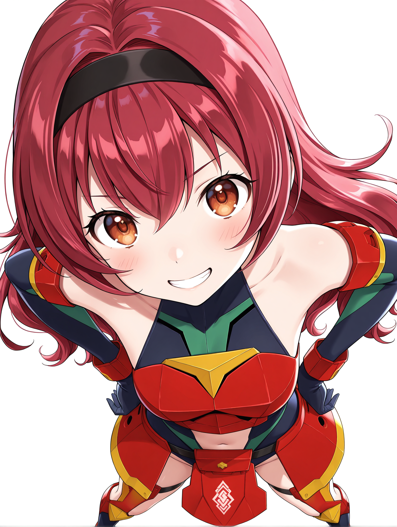 masterpiece,best quality,newest,
1girl,solo,
<lora:koishikawa_ema_ilxl_v1.0:1>,k_ema,hairband,long hair,red hair,brown eyes,
PR-AR,elbow gloves,armor,leotard,navel cutout,thigh strap,red footwear,
<lora:Fixhands_anime_bdsqlsz_V1:1>,simple background,white background,looking_at_viewer,hands_on_hips,grin,upper_body,spread legs,standing,bent_over,leaning_forward,from_above,looking_up,pov,light_blush,