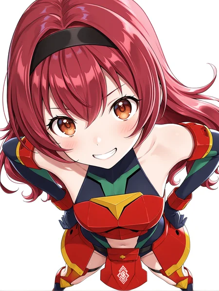 masterpiece,best quality,newest,
1girl,solo,
<lora:koishikawa_ema_ilxl_v1.0:1>,k_ema,hairband,long hair,red hair,brown eyes,
PR-AR,elbow gloves,armor,leotard,navel cutout,thigh strap,red footwear,
<lora:Fixhands_anime_bdsqlsz_V1:1>,simple background,white background,looking_at_viewer,hands_on_hips,grin,upper_body,spread legs,standing,bent_over,leaning_forward,from_above,looking_up,pov,light_blush,