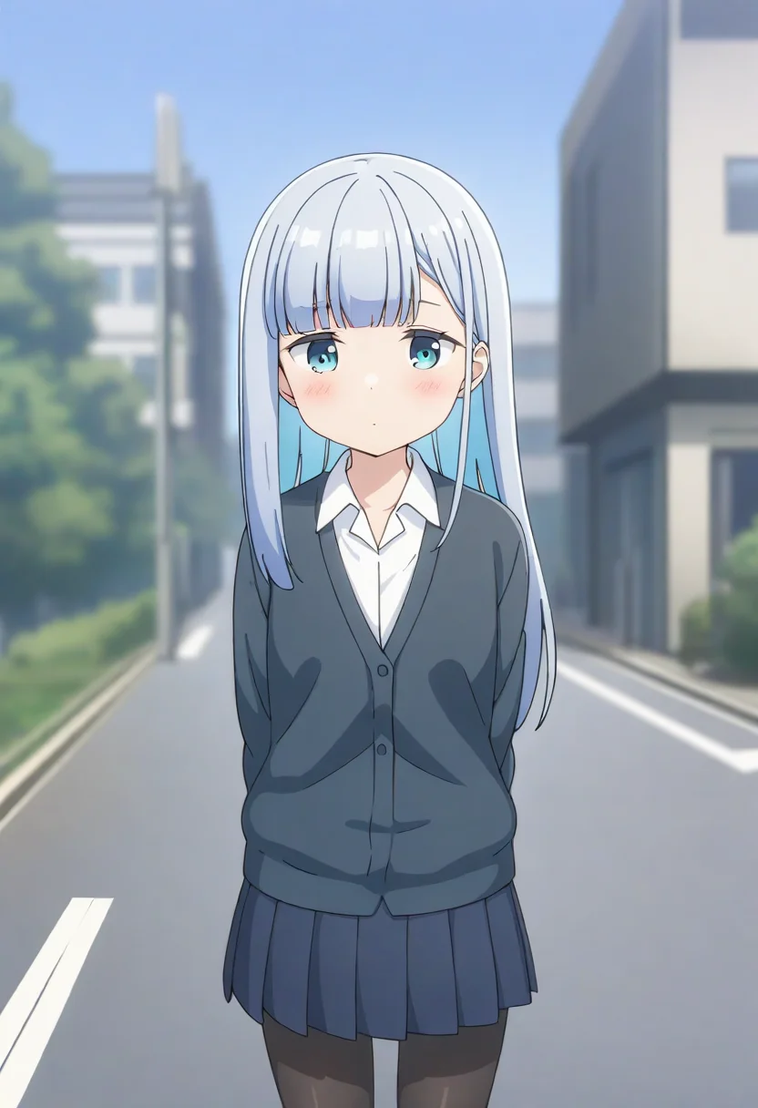 aharen reina,1girl, solo, outdoors, skirt, blue eyes, long hair, pantyhose, looking at viewer, cardigan, shirt, blurry background, bangs, collared shirt, pleated skirt, white shirt, black pantyhose, blue skirt, blunt bangs, blurry, blush, day, arms behind back, cowboy shot, school uniform, building, long sleeves, closed mouth, black cardigan, blue hair, standing, road,
<lora:aharen-san wa hakarenai A31 e1-000010:0.65>