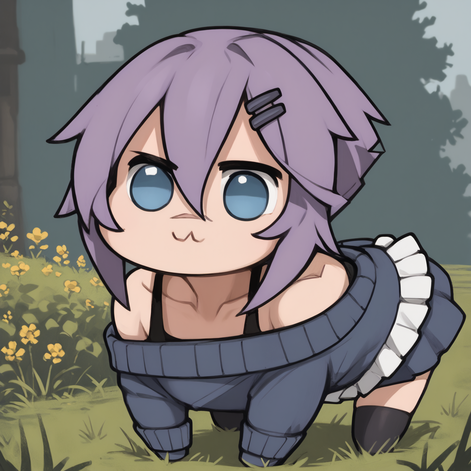 score_9, score_8_up, score_7_up, 1girl, mayaold, blue eyes, purple hair, short hair, hairclip, nose scar, eyebrow cut, 
blue sweater, sweater dress, long sleeves, ribbed sweater, off-shoulder sweater, black tank top under sweater, collarbone,
<lora:Doro_X_PDXL_V1:1.1>, doro, creature, :3, chibi, no humans, four legs, solid circle eyes, no pupils, all fours, side view,
outdoors, grass,
<lora:Maya-OldStyle-Roadi3-PDXL_V1-Manityro-CAME:1.0>,