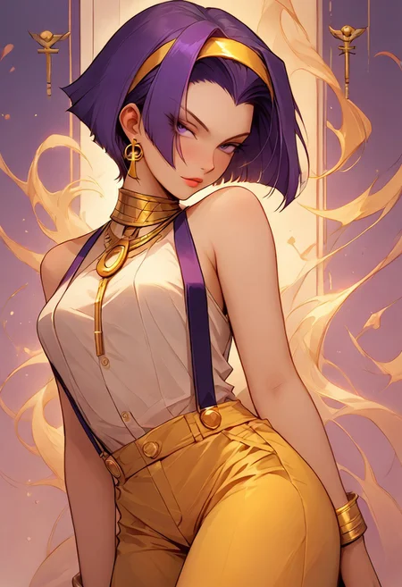 score_9, score_8_up, score_8, source_anime, rating_questionable, Faye Valentine, classic pinup model, yellow shorts, suspenders, shirtless, pink thigh high stockings, purple hair, yellow hairband, AnyankoP, seductive, Egyptian clothes, gold jewelry