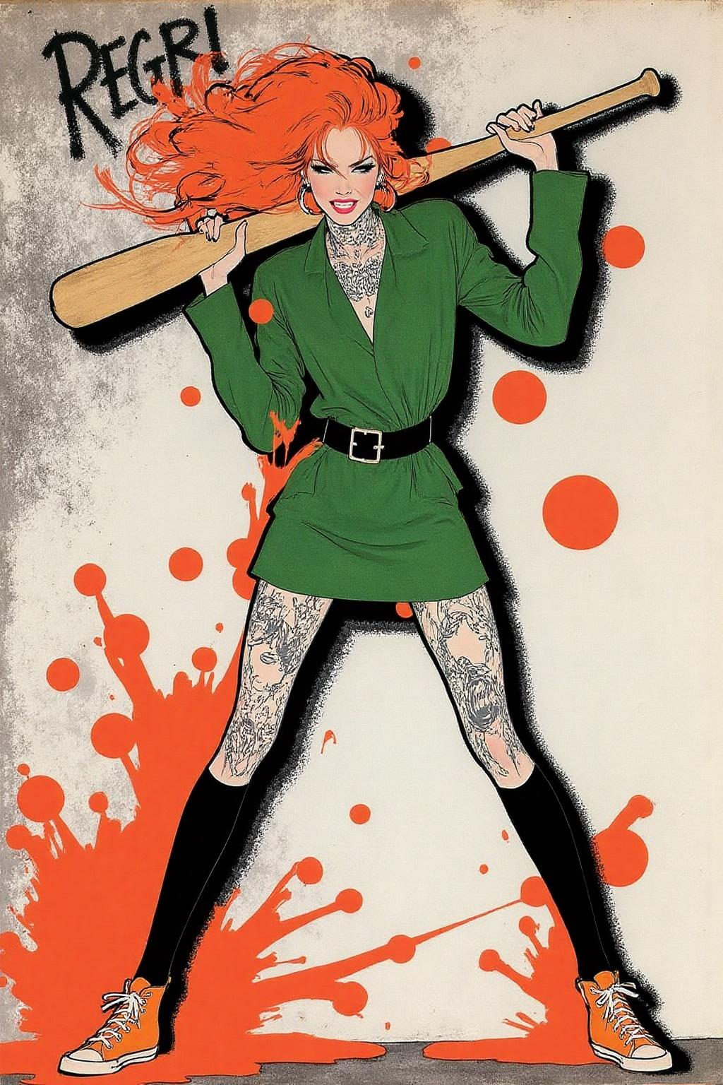regr1 illustration.   
Liquid splash, cartoonish juicy fruits chaos, dynamic pose, dynamic camera, a fashion shoot, an illustration of a woman threateningly holding a baseball bat in her hands, full body tattoo, wearing green short sweater, miniskirt, knee socks, orange sneakers, aggressive facial expression, wall with graffiti in the background,  <lora:regr3_shoujo_nocap_d6a3:1.0><lora:808055714288318405:0>