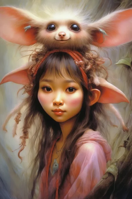 <lora:Wendy Froud Style:1>Wendy Froud Style - fantasy art of a beautiful teenage asian girl as a cute pooka fairy with an aura
