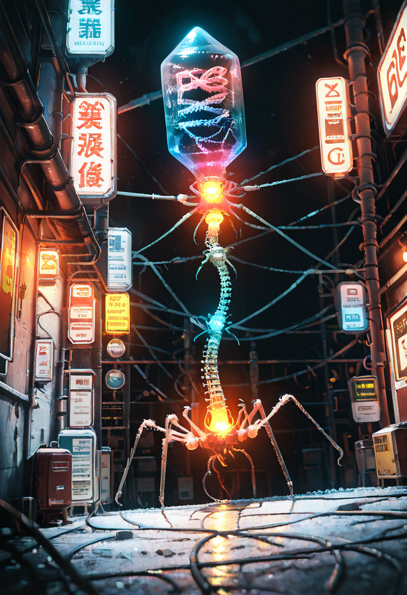 masterpiece, best quality, no humans,   B4cterio, outdoors, depth of field, glowing, scenery, sign, cable, wire, industrial pipe,  ,<lora:BacteriophageIXL_v1:1.0>,