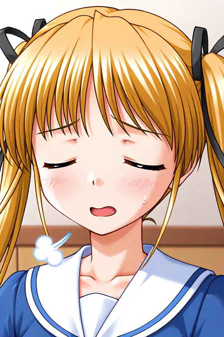 masterpiece, best quality, absurdres, official art, official style, rating generael BREAK <lora:shibugakimatsuri_IL_v1-3:0.7>, shibugaki matsuri, 1girl, solo, blonde hair, blue eyes, very long hair, bangs, twintails, hair ribbon, black ribbon, small breasts, winter uniform, school uniform, blue jacket, juliet sleeves, emblem, green ribbon, arm ribbon, white sailor collar, upper body, portrait, close-up, indoors, classroom,
blush, =3, breath, closed eyes, disappointed, facing viewer, open mouth, parody, raised eyebrow, sigh