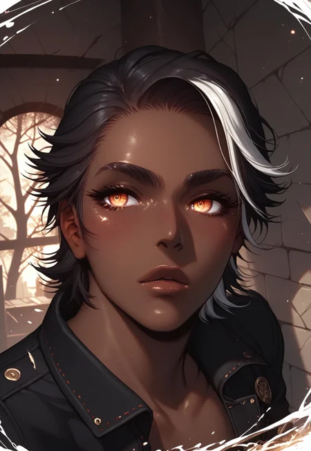 safe_pos, score_9,score_8_up,score_7_up,score_6_up, 1boy, ((BREAK)), sexy man, Khitli Viera, ((dark skinned man)), toned muscles, tall, ((no human ears)), ((short black hair with white highlights)), ((black and white goatee)), rugged features, ((black jacket with no shirt showing muscles)), ripped blue jeans, boots, ((large expressive golden eyes)), looking to the right, gesturing pose with arm to the right, high res image, masterpiece, dynamic shot, <lora:Expressive_H:0.65> <lora:incase-ilff-v3-4:0.5> <lora:g0th1cPXL:0.45> <lora:Branwen_QBR:0.7>, high gradient eyes, eyesHD, dynamic pose, dynamic, detailed eyes, high definition eyes, amazing quality, wallpaper, wide angle, castle, exterior, nighttime, moon, moonlight, stars, gargoyle. bats, dead trees, creepy