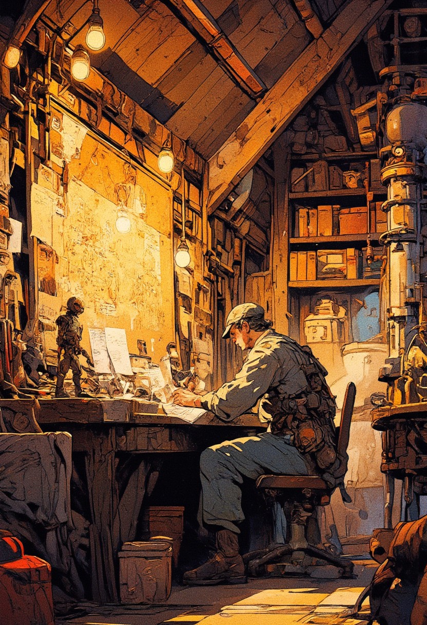 A cozy, cluttered attic workshop illuminated by warm golden light, where an eccentric inventor works tirelessly on intricate blueprints. The room is filled with sketches, diagrams, and pinned notes on a large corkboard, featuring robotic designs and mechanical schematics. The inventor, dressed in a vintage engineer’s outfit with a cap and decorated uniform, leans over his desk, deeply focused on his work. The wooden desk is filled with tools, papers, gears, and steaming cups of tea. The atmosphere exudes a steampunk and retro-futuristic charm. Surrounding the workshop are various humanoid and toy-like robots in different states of assembly. Some stand upright, appearing to observe their creator, while others rest on shelves or tables, covered in brass and copper components. A large, cylindrical machine stands nearby, connected to tubes and wires, hinting at an ongoing experiment. In the background, bookshelves filled with dusty tomes and scientific manuals add to the atmosphere of an intellectual hideaway. The attic’s slanted wooden ceiling, draped with hanging lightbulbs and exposed pipes, gives a rustic, lived-in feel. The warm glow from the lighting contrasts with the cool metallic tones of the machinery, creating a beautifully illustrated and immersive environment.
,  anime, cyberpunk