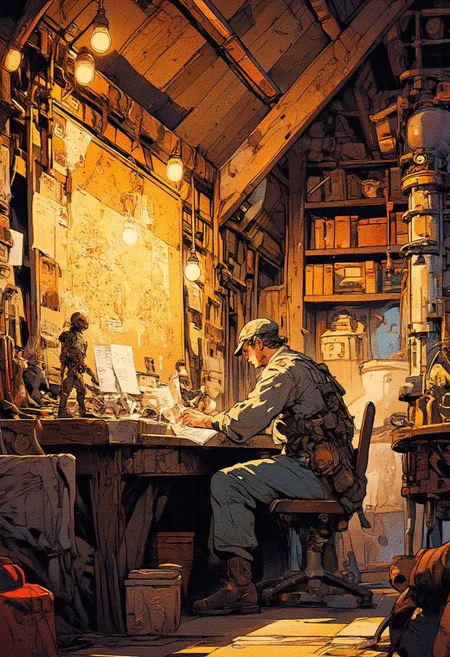 A cozy, cluttered attic workshop illuminated by warm golden light, where an eccentric inventor works tirelessly on intricate blueprints. The room is filled with sketches, diagrams, and pinned notes on a large corkboard, featuring robotic designs and mechanical schematics. The inventor, dressed in a vintage engineer’s outfit with a cap and decorated uniform, leans over his desk, deeply focused on his work. The wooden desk is filled with tools, papers, gears, and steaming cups of tea. The atmosphere exudes a steampunk and retro-futuristic charm. Surrounding the workshop are various humanoid and toy-like robots in different states of assembly. Some stand upright, appearing to observe their creator, while others rest on shelves or tables, covered in brass and copper components. A large, cylindrical machine stands nearby, connected to tubes and wires, hinting at an ongoing experiment. In the background, bookshelves filled with dusty tomes and scientific manuals add to the atmosphere of an intellectual hideaway. The attic’s slanted wooden ceiling, draped with hanging lightbulbs and exposed pipes, gives a rustic, lived-in feel. The warm glow from the lighting contrasts with the cool metallic tones of the machinery, creating a beautifully illustrated and immersive environment.
,  anime, cyberpunk