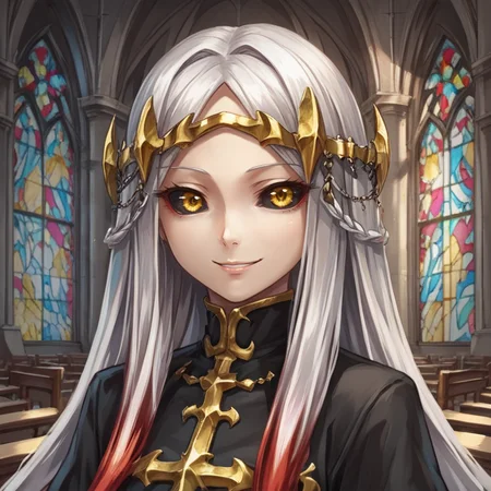 score_9, score_8_up, score_7_up, source anime, BREAK, <lora:Maxwell:0.75> , mxwdef, 1girl, colored sclera, black sclera, yellow eyes, white hair, long hair, multicolored hair, (red highlights), circlet, black dress, (face, close-up), looking at viewer, scenery, interior, <lora:backgroundsetXL:0.2> , background, (solo), smile,   <lora:churchXLP:0.2> , stained glass, church, arch, <lora:lalangheejXLP:0.5> , lalangheej,
