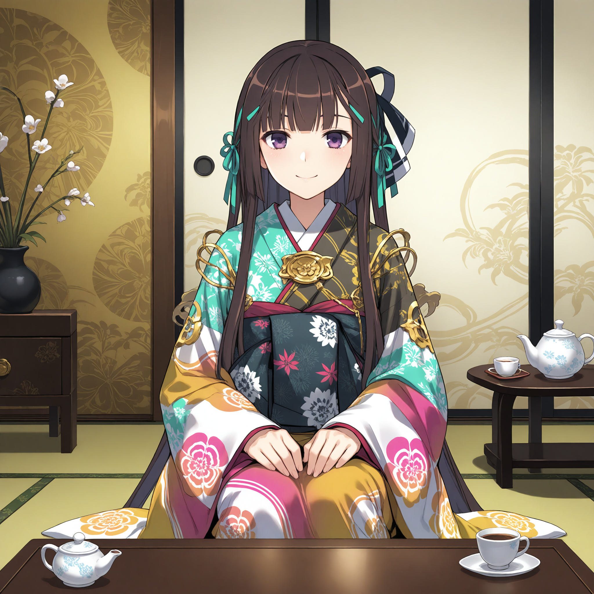 <lora:Oda_Kou_Adult_2_nai-000029:1>,Oda Kou,
hair ribbon,japanese clothes,kimono,floral print,sash,long sleeves,wide sleeves,obi,
BREAK
1girl,solo,front view,kneeling,indoors,smile,closed mouth,hands on own knees,tea set,coffee table,tatami,straight-on,