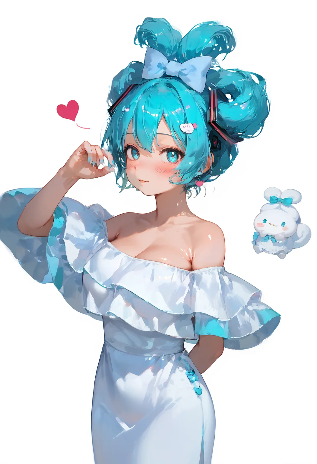 , ,,,, masterpiece, perfect,
(score_10, score_9,score_8_up,score_7_up), (shiny skin, smooth skin:1.2), source anime, anime, explicit rating,(cinemagraph,face focus,wide hips:1.3),
(dark theme, low light, concept art, realistic, :1.0),
looking at viewer, 1girl, 1r1d3sc3nc3 , white background,, , blush, dynamic pose, , busty, breasts, slim waist, ,, , ,, hatsune miku, bangs, updo, heart hair ornament fl0unc3dr355, dress, off shoulder<lora:1r1d3sc3nc3XLP:0.6>,<lora:BustyFC-pdxl:1>,<lora:å鳿ªæ¥çæ¡çHatsune_Miku:1>,<lora:evening_flounce_dress_v1:1>