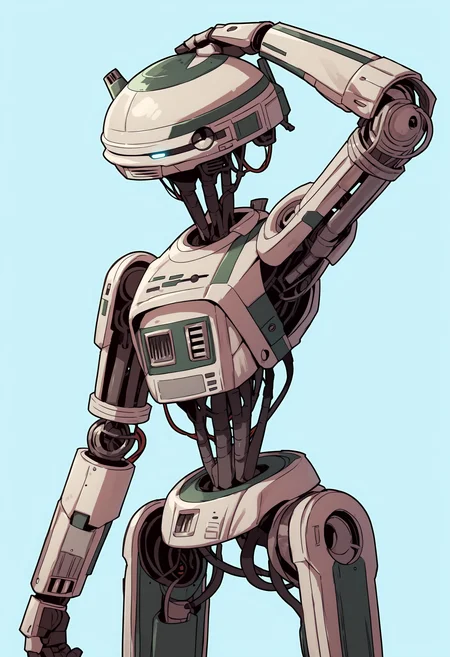 score_9, score_8_up, score_7_up, score_6_up, score_5_up, score_4_up, 1girl, <lora:L337:0.8> solo, no humans, robot, mecha, joints, humanoid robot, helmet, one eye, dance, arm up,
light blue background, simple background,