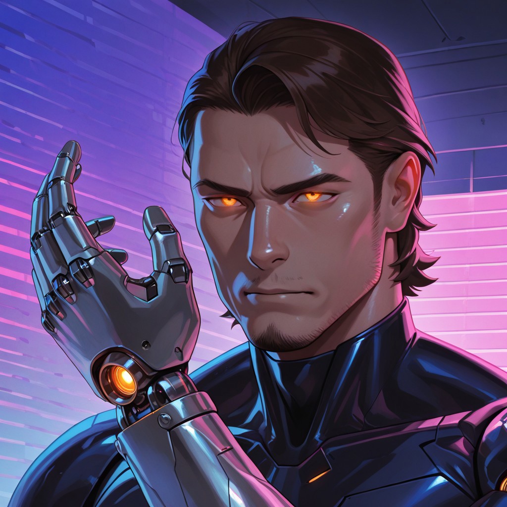 masterpiece, best quality, amazing quality, absurdres, newest, detailed background, definition so sharp, Ultra-HD, 8K cinematic, very awa, impressionate, amazing quality, highres, 
solo, male focus, manly, shadow, shiny skin,
shimonmakusu, shimon_brunette, shimon_orange eyes, 1boy, short hair, stubble, goatee, mature male, cybernetic, robot_arm, glowing_eyes, futuristic_clothing, enforcer, android, precision, cold_logic, mechanical_parts, integrated_tech, dystopian, synthwave, sharp_lines, augmented