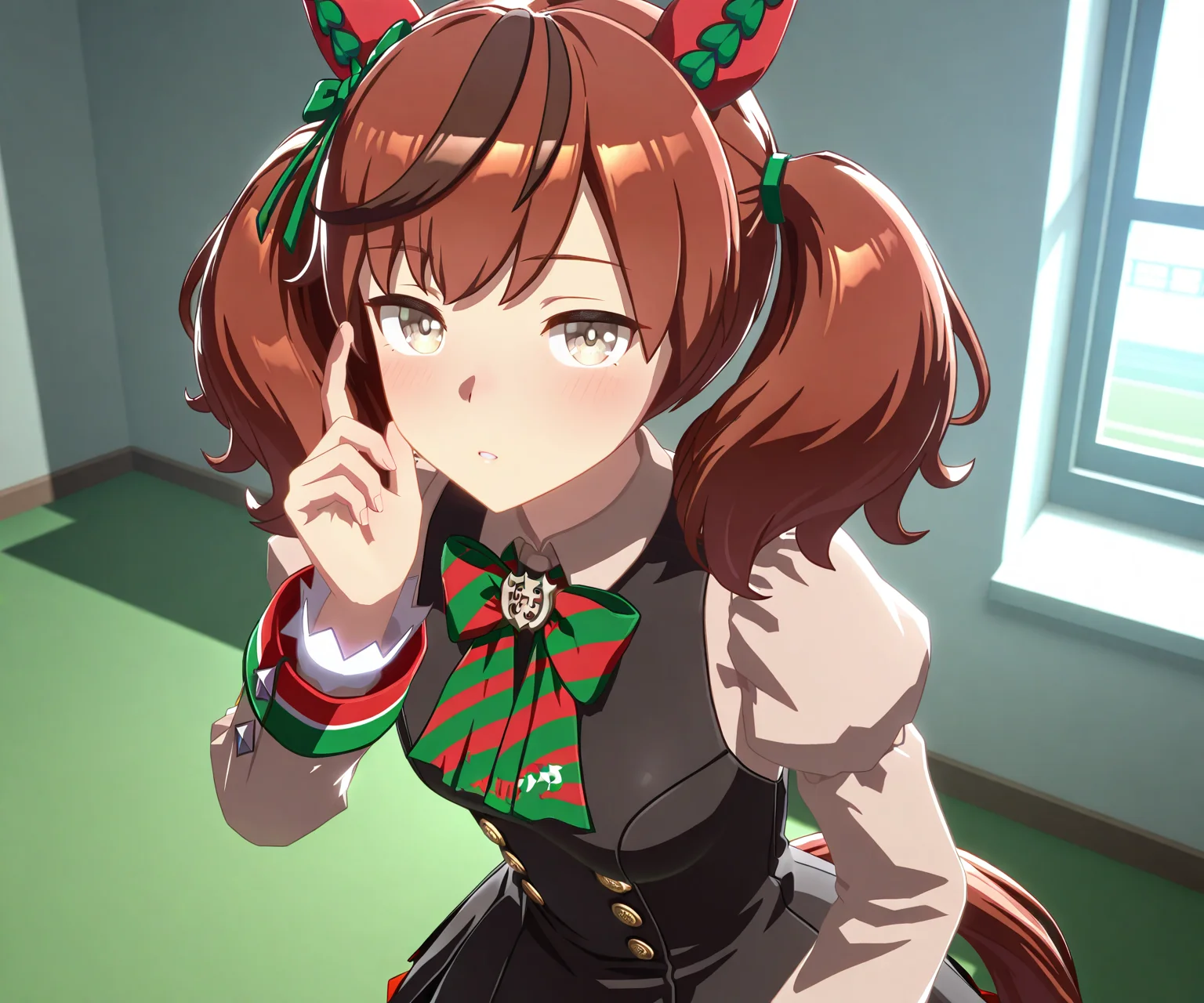 masterpiece, best quality, amazing quality, , 1girl, solo, looking at viewer, <lora:Nice Nature in game style 3D ILL-v2:1> ummsmingame, 3d, nice nature \(umamusume\),