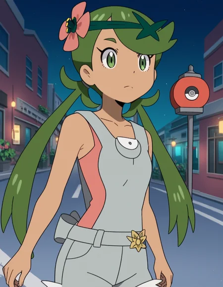 score_9, score_8_up, score_7_up, source_anime, <lora:pokemon-mallow-anime-ponyxl-lora-nochekaiser:1>, mallow, long hair, bangs, hair ornament, twintails, green eyes, flower, green hair, hair flower, dark skin, dark-skinned female, swept bangs, mallow (pokemon), collarbone, sleeveless, pink shirt, overalls,, city street, evening, streetlights, walking dog, quiet neighborhood, gentle breeze, , , foot crossed over, hand on neck, elbow bent, solo,, cowboy shot, dutch angle