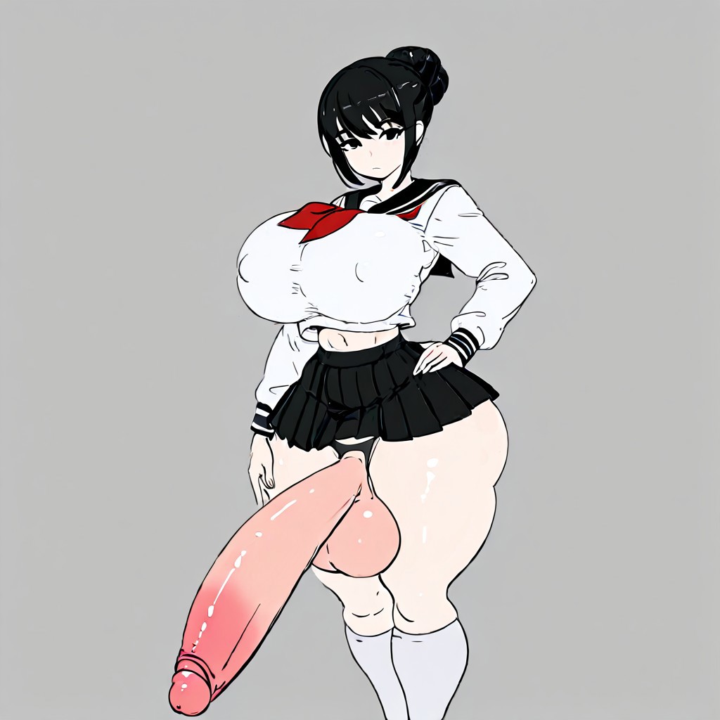 score_9, score_8_up, score_7_up, solo, 1girl, black eyes, black panties, huge breasts,  hand on hip, bangs, socks, school uniform, looking at viewer, black hair, hair bun, slim waist, thick thighs, Futanari, Long Penis, Santetsu