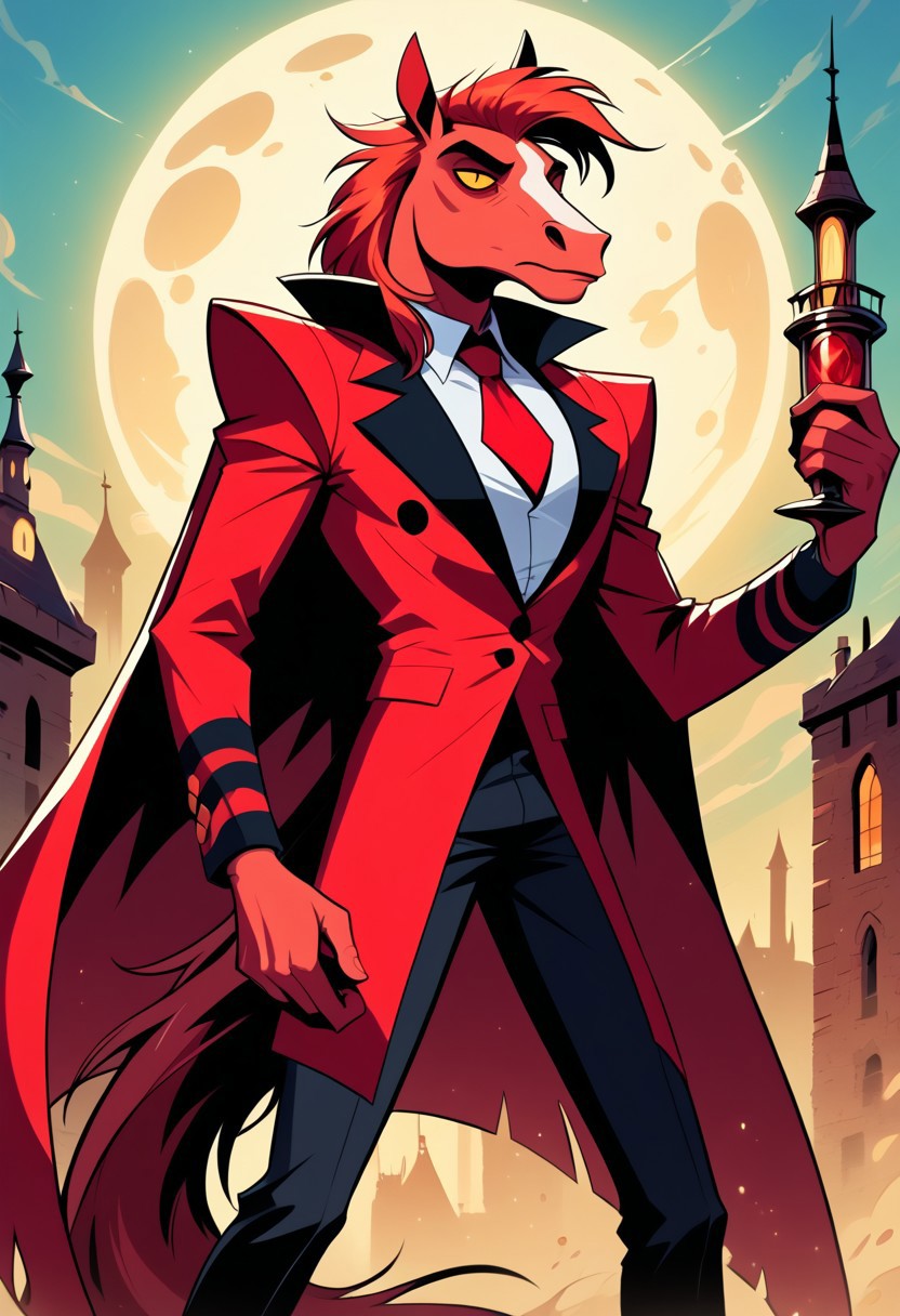 SCORE_9, SCORE_8_UP, HazbinStyle, cartoon character,
OverallDetail, Expressiveh, saturated colors (best quality:1.1), HCSV1, (masterpiece:1.2), saturated colors, (detailed:1.1), (high res, best quality:1.2),(ultra HD quality details), (dynamic angle),
SOURCE_FURRY, SOLO, 1 male, anthro horse,
red EYES, no SCLERA, red body, red mane, red tail,
Red Nobleman's Outfit, cloak tower, cloaks,
HIGH RESOLUTION, VIVID TEXTURES, DETAILED PUPILS