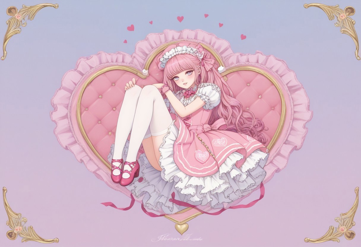 score_9, score_8_up, score_7_up,
masterpiece, best quality, detailed, amazing quality,
detailed background,
detailed face, detailed eyes, pastel colors,
solo, 1girl, dress, stockings, looking at viewer, cute, lovely, easynegative, closeup, flat colors, defined lines, legs in the air, heart frame, hearts, pink
